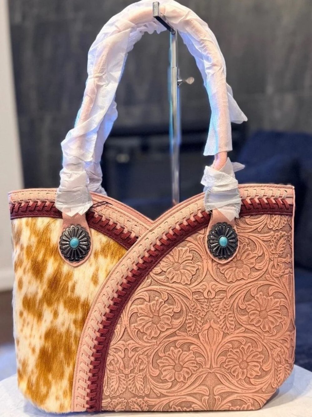 Montana West Tooled & Cowhide Whipstitch Tote Bag Pink